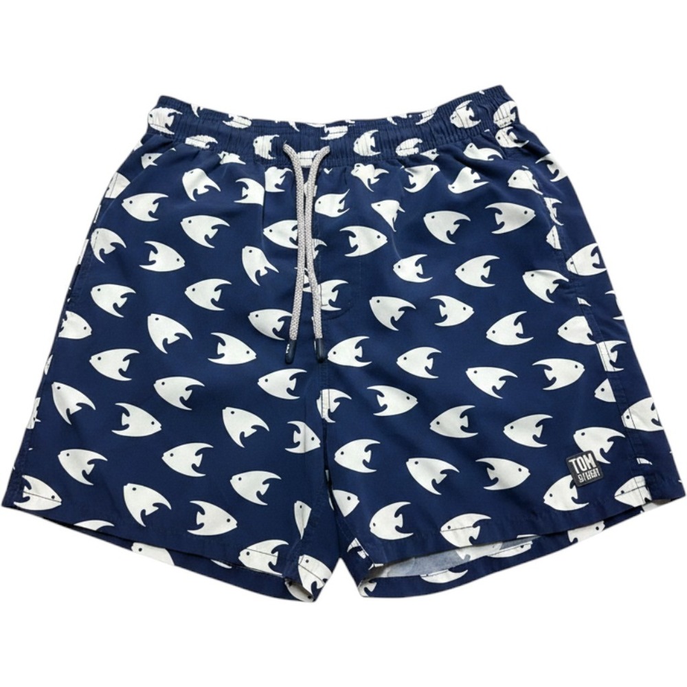 Tom & Teddy Swim Trunks Navy Blue White Fish Print Medium Beach Board Shorts